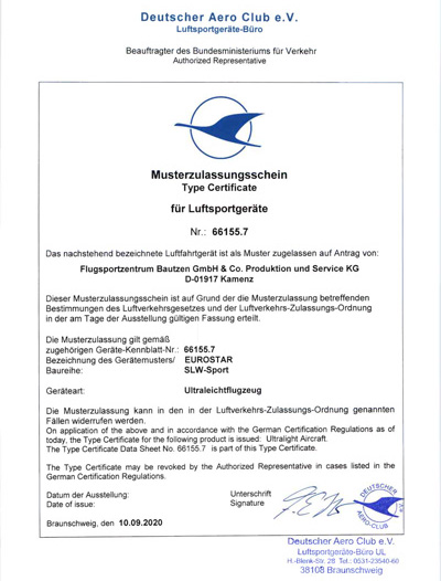 Eurostar SLW-Sport Musterzulassung